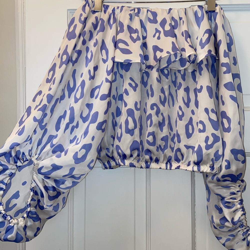 Off Shoulder Blue and White Leopard Print Top